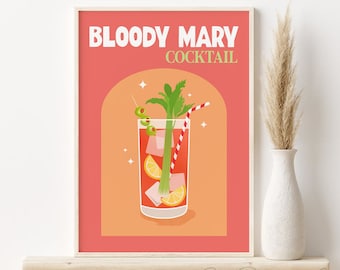 Bloody Mary Cocktail Print, Retro Cocktail Poster, DIGITALER DOWNLOAD, Bar druckbare Wandkunst, Barwagen Wanddekoration, Alkohol Print