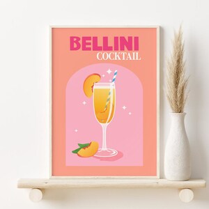 Impresión de cóctel Bellini, arte de pared imprimible de cóctel colorido, DESCARGA DIGITAL, decoración de carrito de bar, póster de cóctel retro, arte de pared de carrito de bar