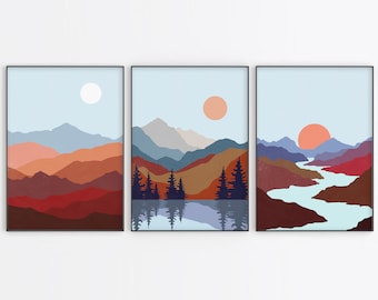 Art mural imprimable paysage abstrait, impression de lac de montagne, lot de 3, art moderne du milieu du siècle, impression en terre cuite rouille bleue, ensemble mural de galerie