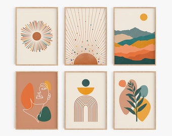 Peut inclure: Ensemble de six impressions d'art minimalistes présentant des formes abstraites, des dessins au trait et des motifs géométriques dans des tons chauds d'orange, de jaune, de brun et de vert.