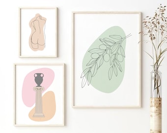 Set of 3 Greek Line Art Prints, Greek Abstract Art Prints, Statue Print, Printable Art, Greece Gallery Wall, Minimalist Poster, Boho Decor