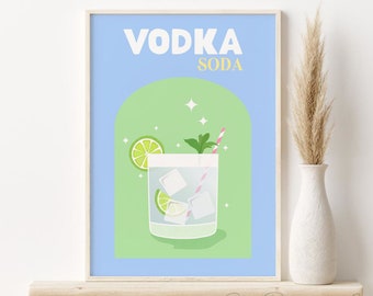 May include: A printable poster with a blue background and a green arch. The poster features a glass of vodka soda with ice, lime, and a straw. The text "VODKA SODA" is written in white letters on the poster.
