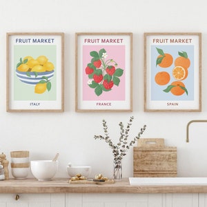 Fruit Market Print Set of 3, DIGITAL DOWNLOAD, Abstract Fruit Print, Botanical Poster, Lemon Strawberry Orange Wall Art, Colourful Wall Art