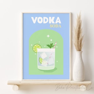 Impresión de vodka con soda, arte de pared imprimible de cóctel retro, DESCARGA DIGITAL, arte de pared con alcohol, póster de cóctel vintage, decoración de carrito de bar