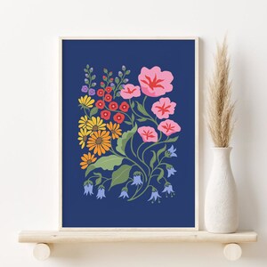 Impresión de flores de colores de la marina, arte de pared imprimible botánico abstracto, DESCARGA DIGITAL, ilustración floral, arte floral contemporáneo, póster