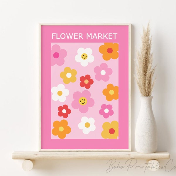 Pink and Orange Flower Market Print, Smiley Face Daisy Printable Wall Art, DIGITAL DOWNLOAD, Retro Aesthetic Decor, Y2K Dorm Poster