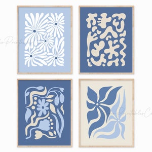 Juego de 4 impresiones abstractas modernas en azul, beige y blanco, arte de pared imprimible con formas orgánicas, DESCARGA DIGITAL, arte de pared azul marino, carteles botánicos