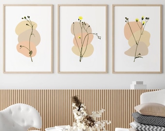 Set of 3 Minimalist Floral Prints | DIGITAL DOWNLOAD | Beige Flower Wall Art | Neutral Abstract Botanical Art | Boho Floral Gallery Wall