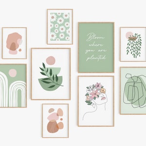 Botanical Gallery Wall Set, Sage Green Blush Pink Terracotta Print Set of 9, DIGITAL DOWNLOAD, Minimalist Printable Wall Art, Boho Decor