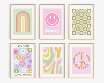 Retro Art Print Set of 6, DIGITAL DOWNLOAD, Pastel Danish Decor, Trendy Printable Wall Art, Pastel Pink Green Gallery Wall Set Poster Bundle