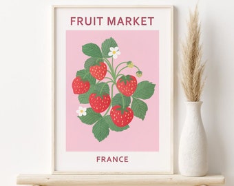 Strawberry Print, Strawberries Fruit Market Print, DIGITAL DOWNLOAD, Vintage Poster, Abstract Botanical Printable Wall Art Danish Wall Decor