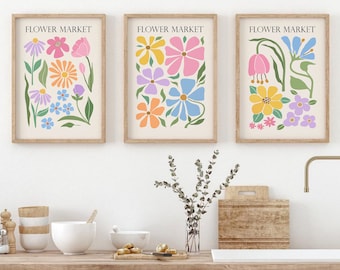 Flower Market Print Set of 3, Abstract Flowers Printable Wall Art, DIGITAL DOWNLOAD, Pastel Floral Gallery Wall Set, Botanical Poster Bundle