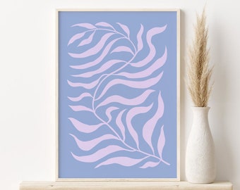 Blue Lilac Abstract Leaf Print, Matisse Style Leaf Printable Wall Art, DIGITAL DOWNLOAD, Modern Botanical Poster, Scandinavian Wall Art