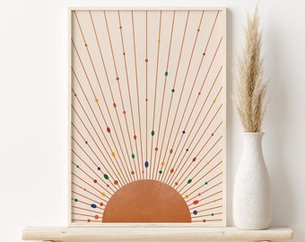 Sunburst Print, Boho Sun Printable Wall Art, Abstract Sun Rays Print, Terracotta Mid Century Modern Art, Neutral Wall Art, DIGITAL DOWNLOAD