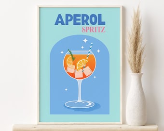 Aperol Spritz Print, Retro Cocktail Printable Wall Art, DIGITAL DOWNLOAD, Bar Cart Print, Colourful Cocktail Poster, Bar Cart Decor