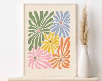 Abstract Flower Print, Matisse Flowers Printable Wall Art, DIGITAL DOWNLOAD, Colorful Botanical Poster, Retro Daisy Print, Boho Floral Art