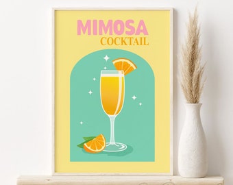 Mimosa Cocktail Print, Colorful Drink Poster, DIGITAL DOWNLOAD, Bar Cart Printable Wall Art, Retro Cocktail Poster, Bar Cart, Dorm Decor