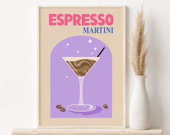 Könnte beinhalten: Ein druckbarer Poster mit einem Retro-Design, das ein Martini-Glas mit einer braunen Flüssigkeit und den Text "ESPRESSO MARTINI" in rosa und blauen Buchstaben zeigt.