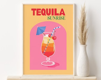 Könnte beinhalten: Ein druckbarer Poster mit einem Retro-Design, das ein Glas Tequila Sunrise Cocktail mit einer Kirsche und einem blauen Schirm zeigt. Der Text "Tequila Sunrise" ist in Rot und Grün.