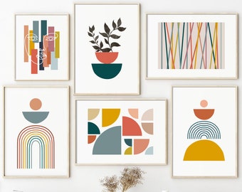 Mid Century Modern Art Print 6er Set, abstrakte Formen Galerie Wandset, blau rosa Senf Geometrische druckbare Wandkunst, digitaler Download