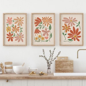 Boho Abstract Flowers Print Set of 3, DIGITAL DOWNLOAD, Floral Gallery Wall Set, Terracotta Prints, Boho Printable Art, Flower Market Poster