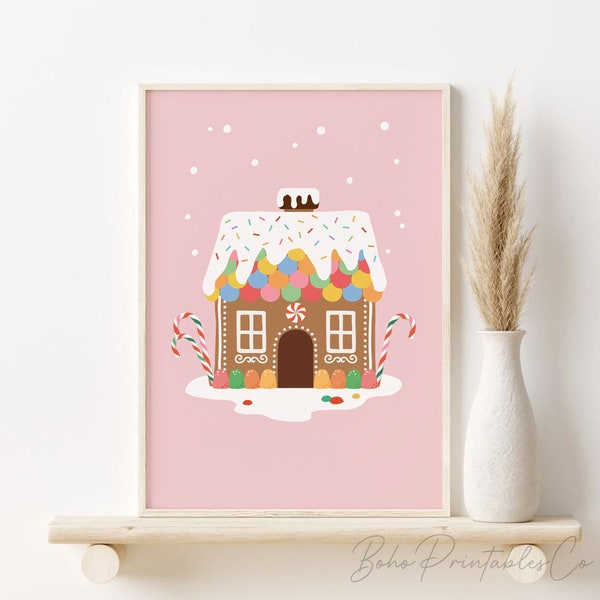 Pink Gingerbread House Print, Christmas Printable Wall Art, Holiday Poster, DIGITAL DOWNLOAD, Pink Boho Holiday Decor