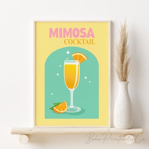 Impresión de cóctel Mimosa, póster de bebida colorida, DESCARGA DIGITAL, decoración de carrito de bar, arte de pared imprimible, póster de cóctel retro, arte de pared de bar elegante