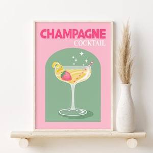 Retro cocktailprint, DIGITALE DOWNLOAD, trendy muurkunst, kleurrijke cocktailposter, champagneprint, afdrukbare muurkunst, boho-muurdecoratie