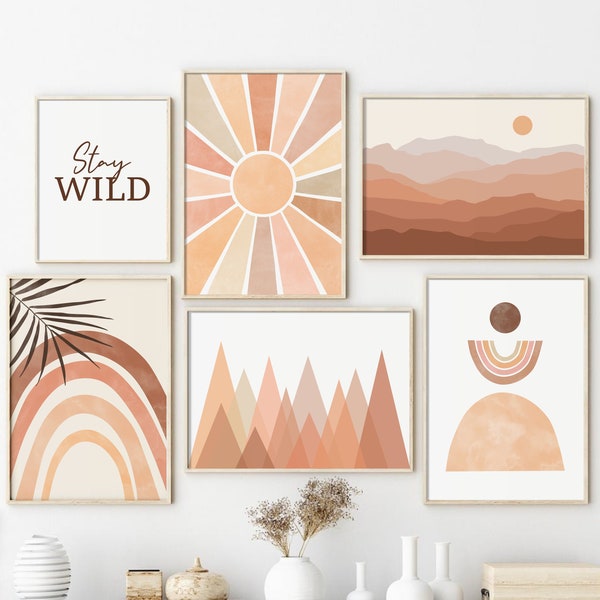 Boho Art Print Set of 8, Abstract Boho Gallery Wall Set, Neutral Printable Wall Art, Sun Mountains Print, Boho Home Decor, Digital Download