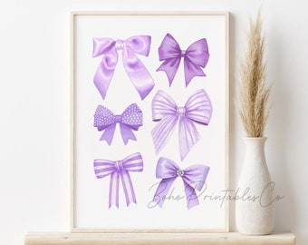 Pastel Purple Girls Wall Art, Bows Print, Coquette Room Decor, DIGITAL DOWNLOAD, Cute Girls Room Printable Wall Art, Preppy Dorm Room Decor