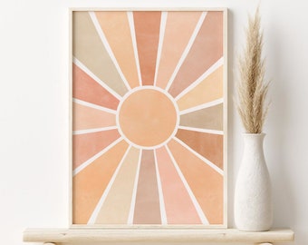 Arte de pared con sol bohemio, impresión minimalista neutra de sol, arte de pared imprimible, impresión boho abstracta, póster de rayos de sol, descarga digital, decoración del hogar boho