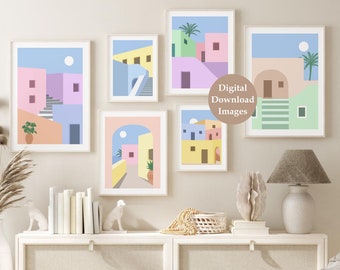 Pastell Print Set von 6, Retro Architektur DRUCKBARE Wandkunst, DIGITAL DOWNLOAD, Pastell Wand-Dekor, Vintage Stil Poster, Santorini Wandkunst