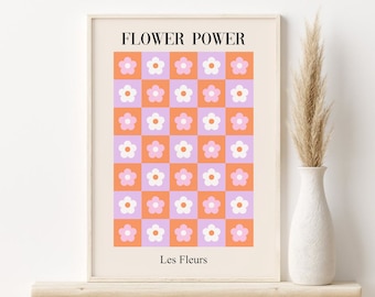 Schachbrett Blumenmuster, Retro druckbare Wandkunst, DIGITALER DOWNLOAD, Flower Power Poster, Groovy Wandkunst, trendige Wanddekoration