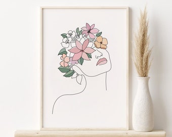 Flower Head Woman Line Art Print, Printable Wall Art, Floral Woman Line Drawing, Minimal Female Line Art, DIGITAL DOWNLOAD, Modern Print