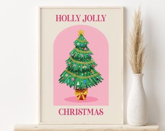 Retro Christmas Tree Print, DIGITAL DOWNLOAD, Pink Christmas Printable Wall Art, Holly Jolly Print, Retro Holiday Poster, Holiday Decor
