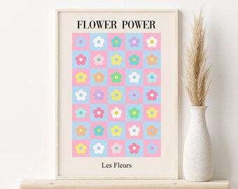 Retro Floral Checkerboard Print, Pastell dänische druckbare Wandkunst, DIGITAL DOWNLOAD, Flower Power Poster, Retro Wandkunst, Wohnheim Dekor
