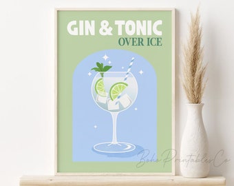 Gin & Tonic Print, Retro Cocktail Printable Wall Art, DIGITAL DOWNLOAD, Bar Cart Wall Art, Cocktail Illustration Poster, Bar Cart Decor