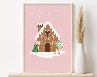 Gingerbread House Print, Pink Christmas Printable Wall Art, DIGITAL DOWNLOAD, Vintage Holiday Wall Decor, Cute Festive Poster