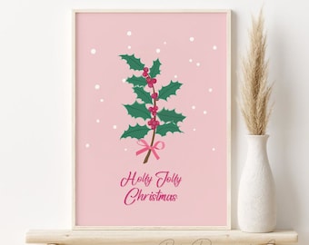 Holly Jolly Print, Pink Christmas Printable Wall Art, DIGITAL DOWNLOAD, Pink Holiday Wall Decor