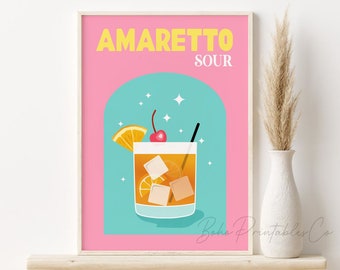 Amaretto Sour Print, Colorful Cocktail Printable Wall Art, DIGITAL DOWNLOAD, Preppy Bar Wall Art, Retro Cocktail Poster, Cute Bar Cart Decor