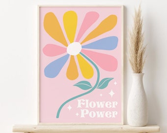 Retro Gänseblümchen Print, Flower Power druckbare Wandkunst, DIGITALER DOWNLOAD, abstraktes Blumenplakat, bunter, wunderlicher Druck, Retro-Wanddekoration