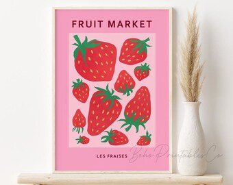 Strawberries Print, DIGITAL DOWNLOAD, Strawberry Fruit Market Poster, Les Fraises Printable Wall Art, Red and Pink Botanical Art