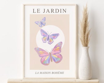 Pastel Butterflies Print, French Exhibition Poster, DIGITAL DOWNLOAD, Pastel Butterfly Printable Wall Art, Boho Chic Bedroom Decor