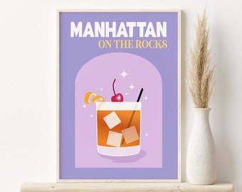 Manhattan Cocktail Print, Retro Cocktail Poster, DIGITAL DOWNLOAD, Bar Cart Printable Wall Art, Dorm Room Decor, Drinks Poster