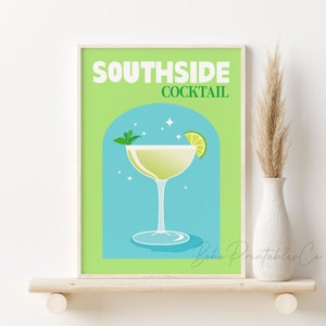 Impresión de cócteles de Southside, arte de pared imprimible con carrito de bar, DESCARGA DIGITAL, póster de cócteles retro, arte de pared con alcohol colorido, decoración con carrito de bar