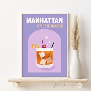 Impresión de cóctel de Manhattan, póster de cóctel retro, DESCARGA DIGITAL, arte de pared imprimible con carrito de bar, decoración de dormitorio, póster de bebidas