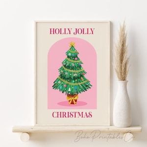 Retro Christmas Tree Print, DIGITAL DOWNLOAD, Pink Christmas Printable Wall Art, Holly Jolly Print, Retro Holiday Poster, Holiday Decor