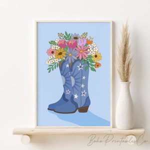 Blue Cowgirl Boots Flowers Print, DIGITAL DOWNLOAD, Retro Cowboy Boots Printable Wall Art, Preppy Western Print, Retro Poster, Y2K Wall Art