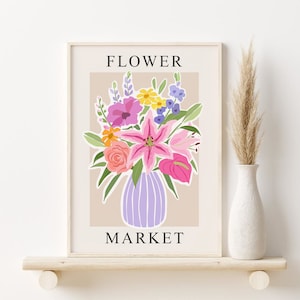 Impresión del mercado de flores, arte de pared imprimible con motivos florales abstractos, DESCARGA DIGITAL, impresión de flores en un jarrón, arte de pared colorido, póster del mercado de flores