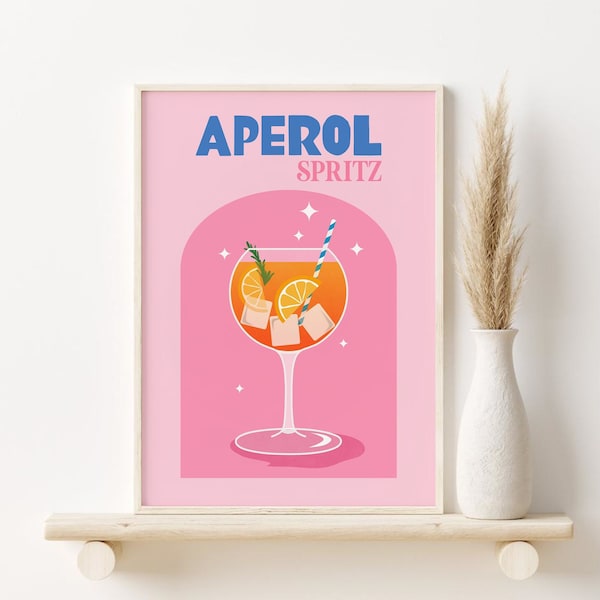 Aperol Spritz Print, Retro Cocktail Printable Wall Art, DIGITAL DOWNLOAD, Pink Bar Cart Print, Buntes Cocktail Poster, Bar Cart Dekor